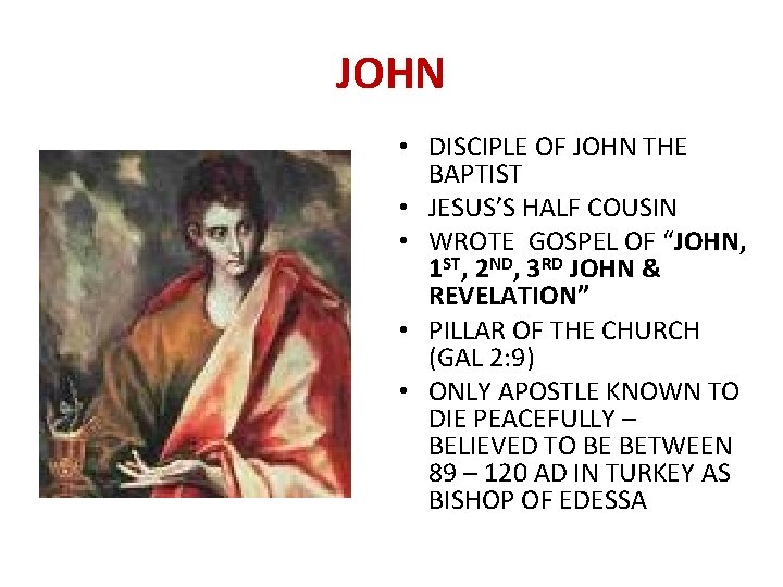 JOHN • DISCIPLE OF JOHN THE BAPTIST • JESUS’S HALF COUSIN • WROTE GOSPEL
