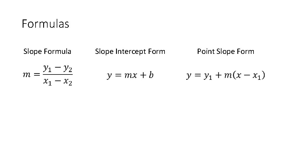 Formulas Slope Formula Slope Intercept Form Point Slope Form 