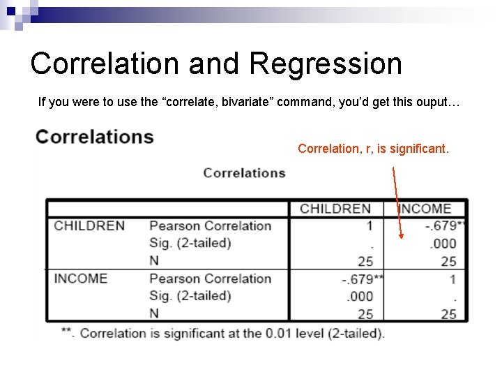 Correlation and Regression If you were to use the “correlate, bivariate” command, you’d get