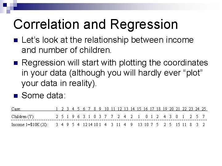 Correlation and Regression n Let’s look at the relationship between income and number of