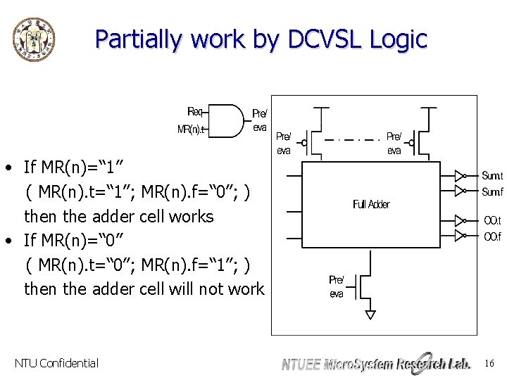 Partially work by DCVSL Logic • If MR(n)=“ 1” ( MR(n). t=“ 1”; MR(n).