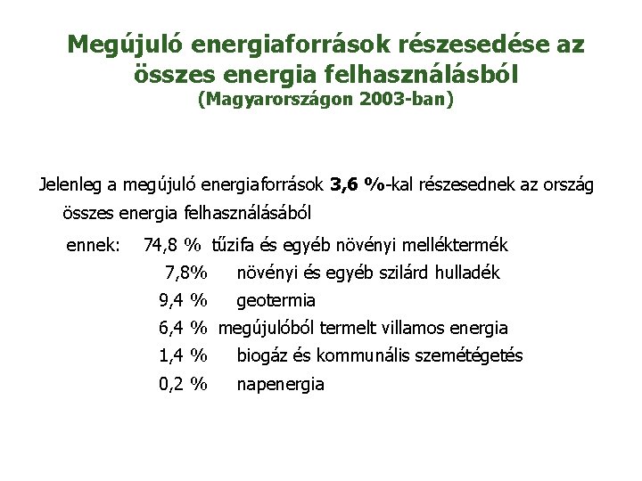 Megújuló energiaforrások részesedése az összes energia felhasználásból (Magyarországon 2003 -ban) Jelenleg a megújuló energiaforrások