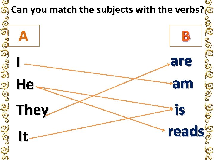 Can you match the subjects with the verbs? A I He They It B