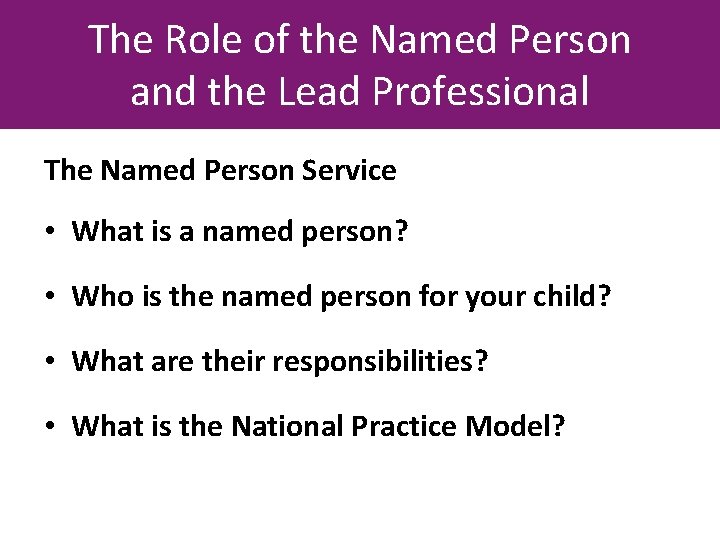 The Role of the Named Person and the Lead Professional The Named Person Service