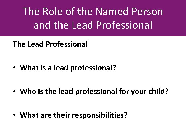 The Role of the Named Person and the Lead Professional The Lead Professional •