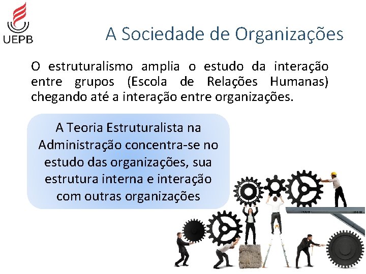 A Sociedade de Organizações O estruturalismo amplia o estudo da interação entre grupos (Escola