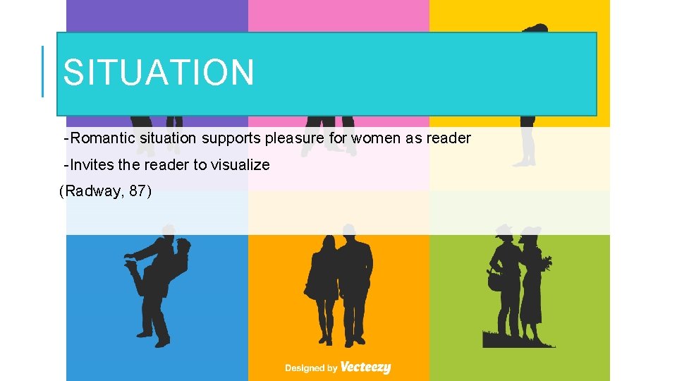 SITUATION -Romantic situation supports pleasure for women as reader -Invites the reader to visualize