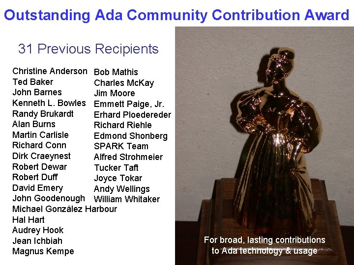 Outstanding Ada Community Contribution Award 31 Previous Recipients Christine Anderson Bob Mathis Ted Baker