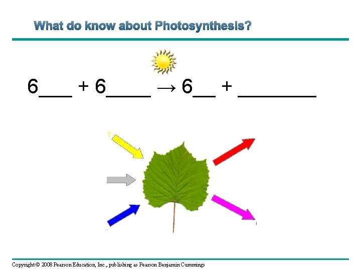 What do know about Photosynthesis? 6___ + 6____ → 6__ + _______ Copyright ©