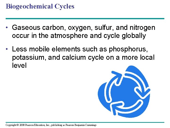 Biogeochemical Cycles • Gaseous carbon, oxygen, sulfur, and nitrogen occur in the atmosphere and