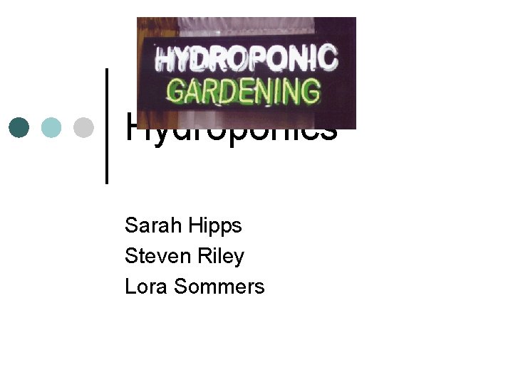 Hydroponics Sarah Hipps Steven Riley Lora Sommers 