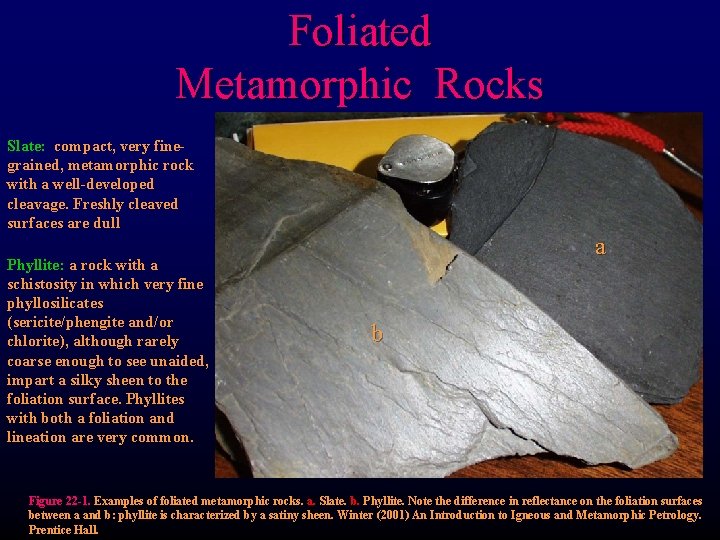 Foliated Metamorphic Rocks Slate: compact, very finegrained, metamorphic rock with a well-developed cleavage. Freshly