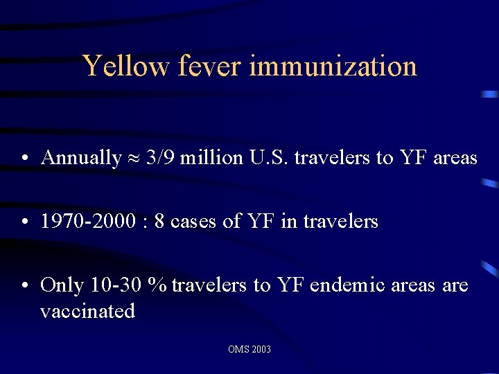 Yellow fever immunization • Annually 3/9 million U. S. travelers to YF areas •