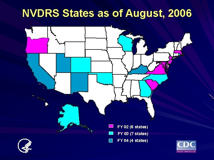 NVDRS States as of August, 2006 FY 02 (6 states) FY 03 (7 states)