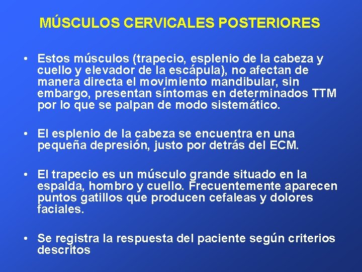 MÚSCULOS CERVICALES POSTERIORES • Estos músculos (trapecio, esplenio de la cabeza y cuello y