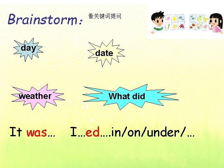 Brainstorm： 看关键词提问 day weather It was… date What did I…ed…. in/on/under/… 