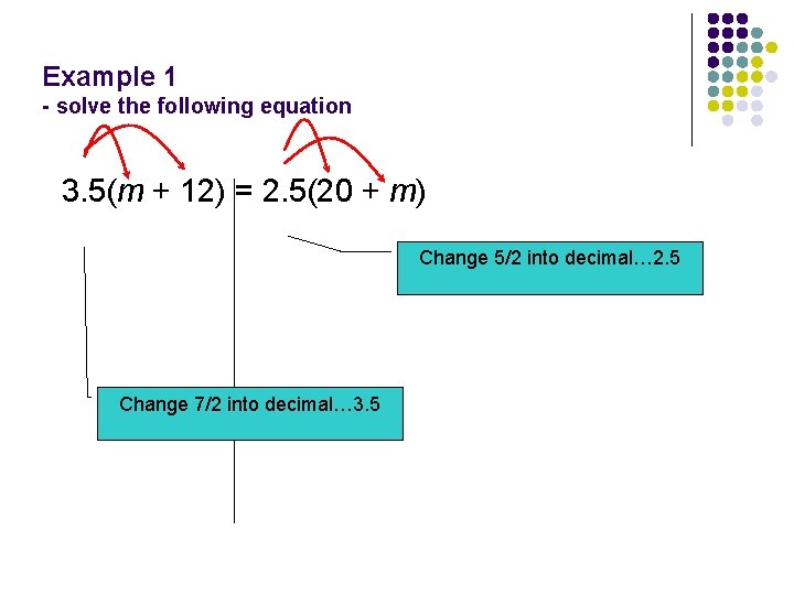 Example 1 - solve the following equation 3. 5(m + 12) = 2. 5(20