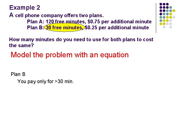 Example 2 A cell phone company offers two plans. Plan A: 120 free minutes,