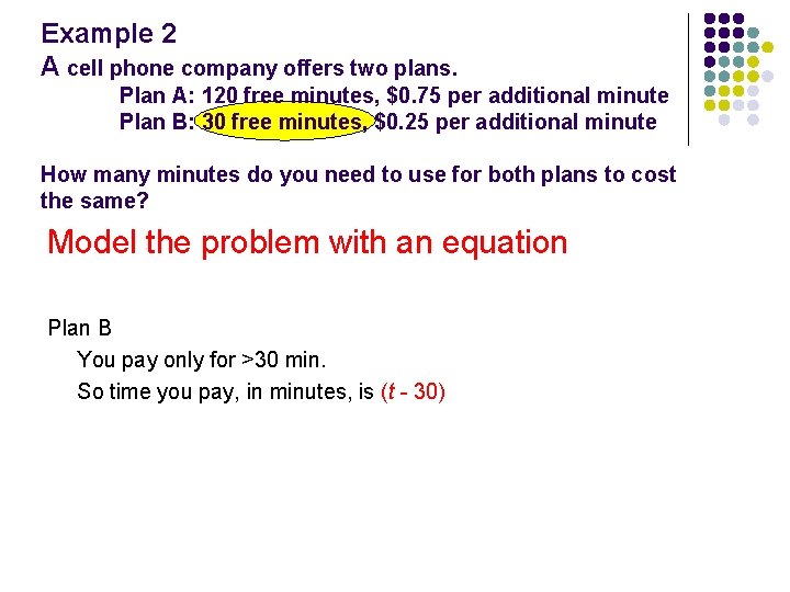 Example 2 A cell phone company offers two plans. Plan A: 120 free minutes,