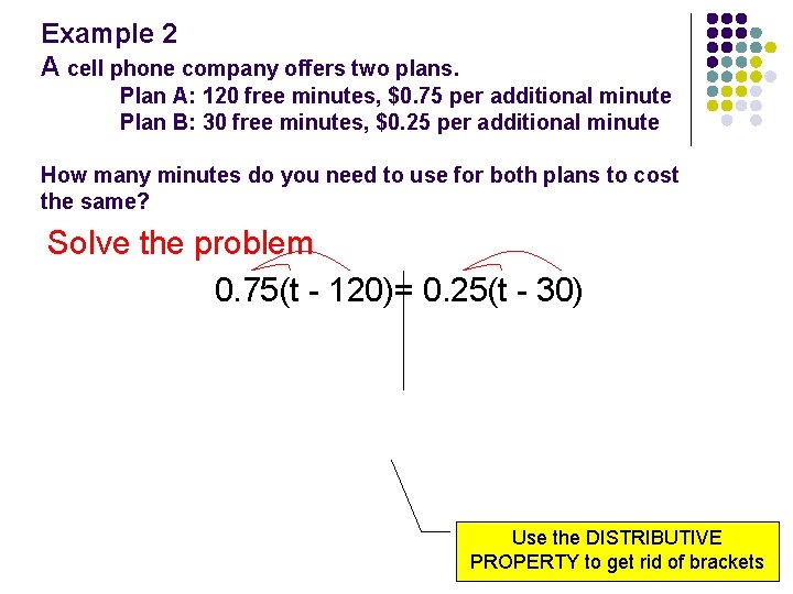 Example 2 A cell phone company offers two plans. Plan A: 120 free minutes,