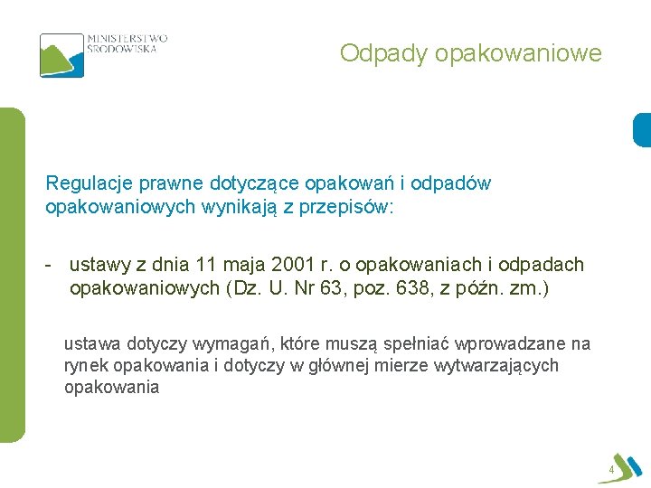 Odpady opakowaniowe Regulacje prawne dotyczące opakowań i odpadów opakowaniowych wynikają z przepisów: - ustawy