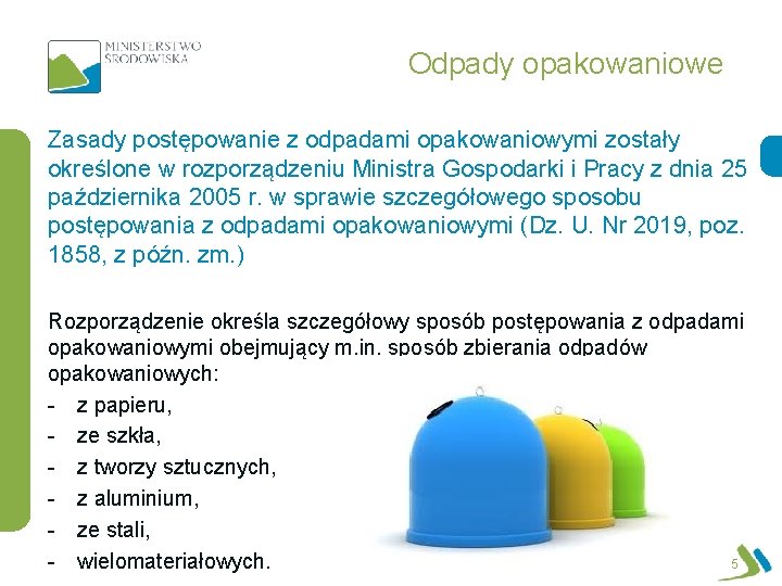 Odpady opakowaniowe Zasady postępowanie z odpadami opakowaniowymi zostały określone w rozporządzeniu Ministra Gospodarki i