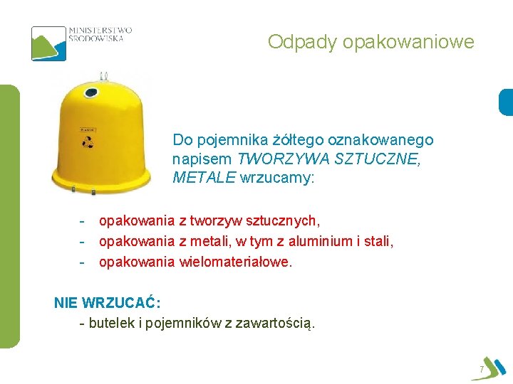 Odpady opakowaniowe 1. Do pojemnika żółtego oznakowanego napisem TWORZYWA SZTUCZNE, METALE wrzucamy: - opakowania