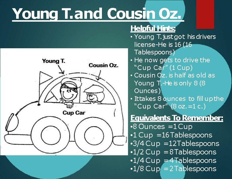 Young T. and Cousin Oz. Helpful Hints: • Young T. just got his drivers