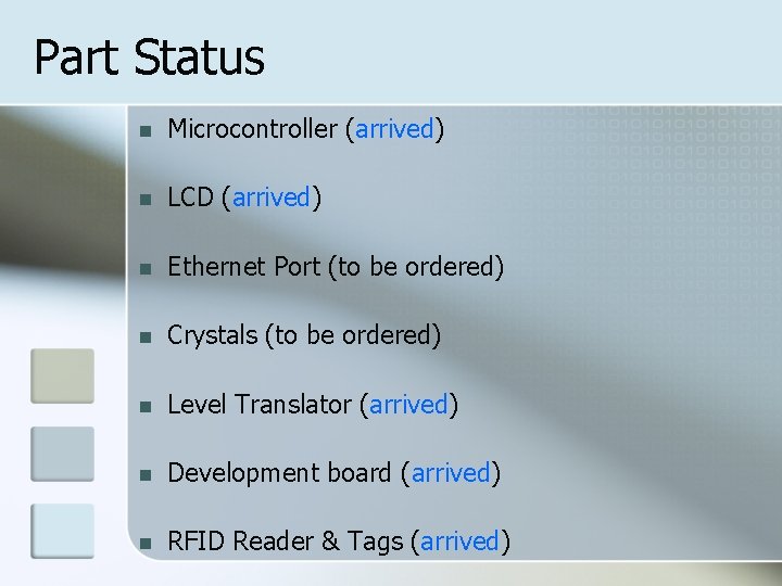 Part Status n Microcontroller (arrived) n LCD (arrived) n Ethernet Port (to be ordered)