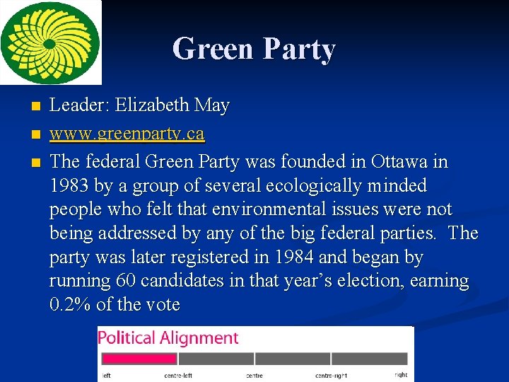 Green Party n n n Leader: Elizabeth May www. greenparty. ca The federal Green