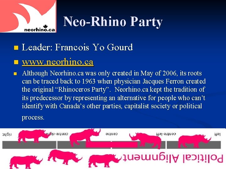 Neo-Rhino Party Leader: Francois Yo Gourd n www. neorhino. ca n n Although Neorhino.