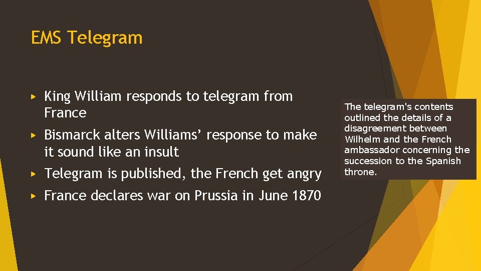 EMS Telegram ▶ King William responds to telegram from France ▶ Bismarck alters Williams’