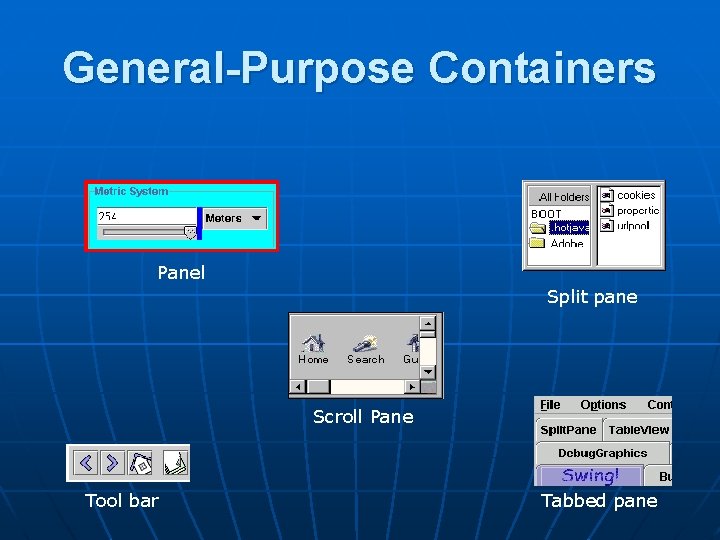 General-Purpose Containers Panel Split pane Scroll Pane Tool bar Tabbed pane 