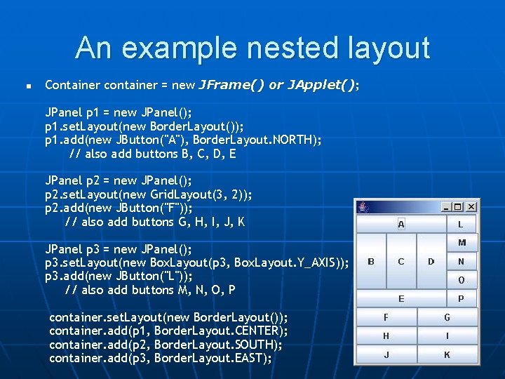 An example nested layout n Container container = new JFrame() or JApplet(); JPanel p