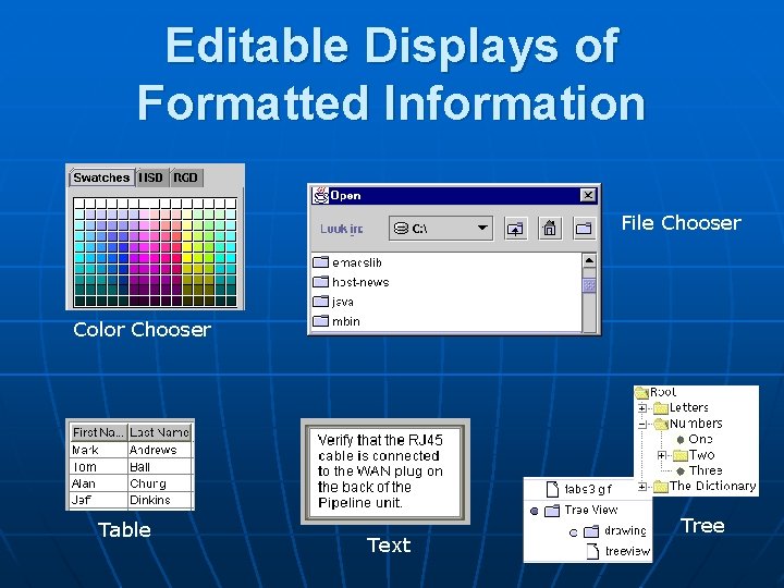 Editable Displays of Formatted Information File Chooser Color Chooser Table Text Tree 