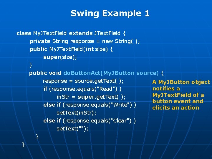 Swing Example 1 class My. JText. Field extends JText. Field { private String response