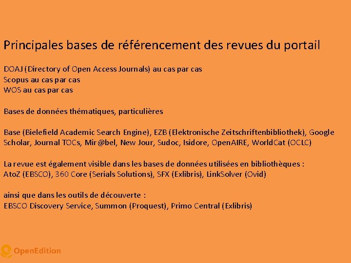 Principales bases de référencement des revues du portail DOAJ (Directory of Open Access Journals)