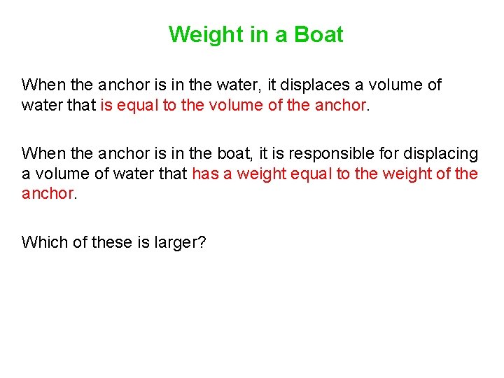 Weight in a Boat When the anchor is in the water, it displaces a