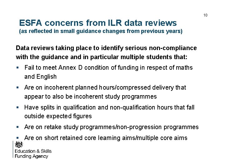 10 ESFA concerns from ILR data reviews (as reflected in small guidance changes from