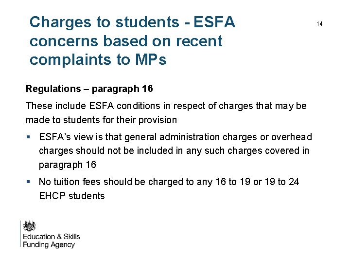 Charges to students - ESFA concerns based on recent complaints to MPs Regulations –