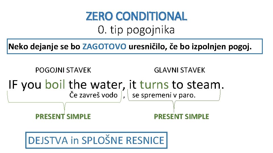 ZERO CONDITIONAL 0. tip pogojnika Neko dejanje se bo ZAGOTOVO uresničilo, če bo izpolnjen