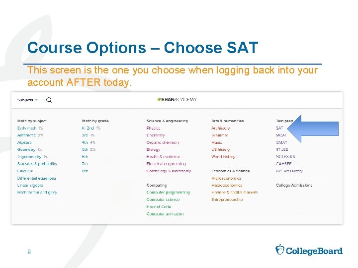 Course Options – Choose SAT This screen is the one you choose when logging