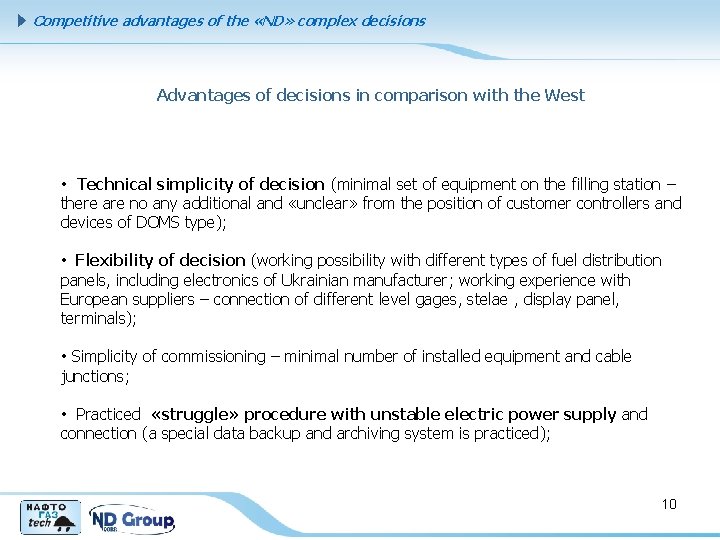 Competitive advantages of the «ND» complex decisions Advantages of decisions in comparison with the