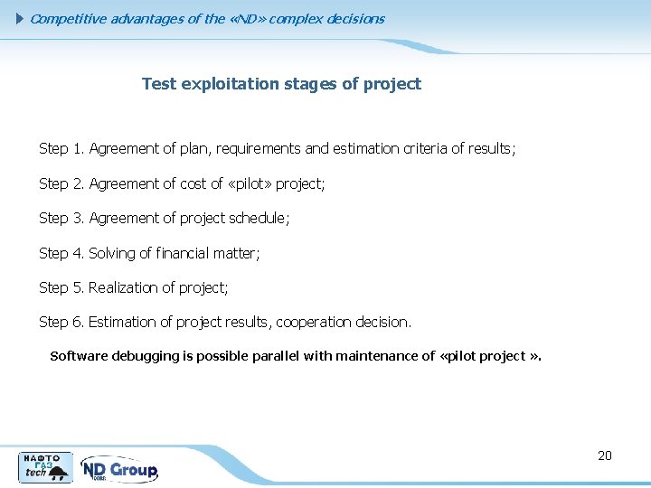 Competitive advantages of the «ND» complex decisions Test exploitation stages of project Step 1.