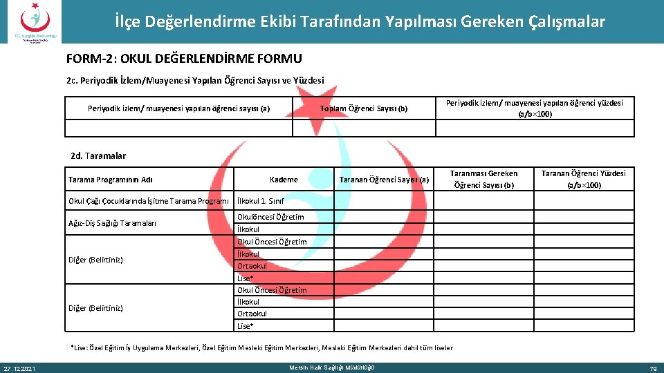 İlçe Değerlendirme Ekibi Tarafından Yapılması Gereken Çalışmalar FORM-2: OKUL DEĞERLENDİRME FORMU 2 c. Periyodik