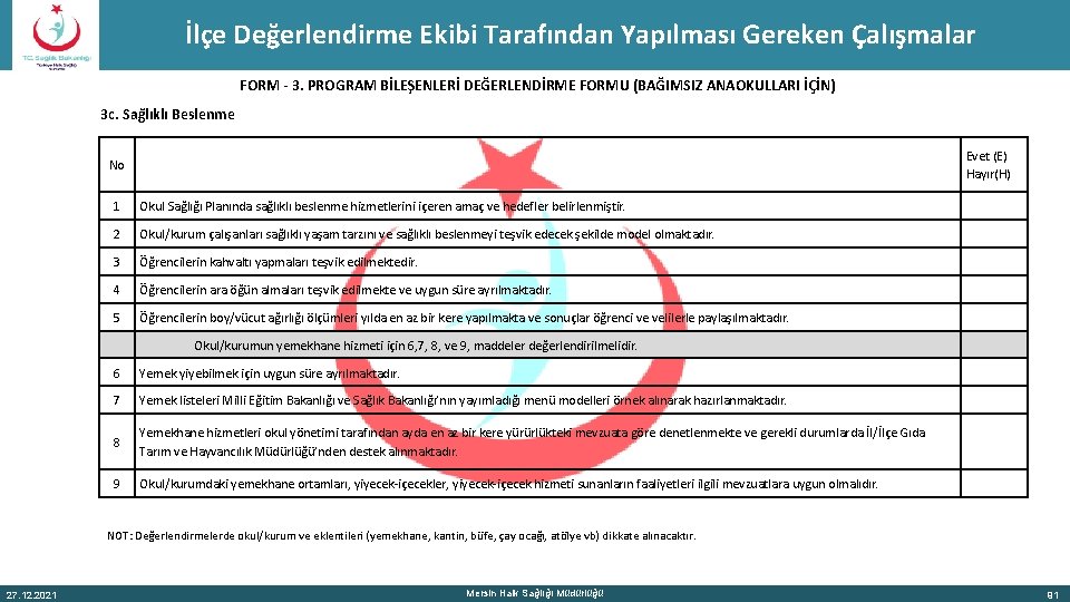 İlçe Değerlendirme Ekibi Tarafından Yapılması Gereken Çalışmalar FORM - 3. PROGRAM BİLEŞENLERİ DEĞERLENDİRME FORMU