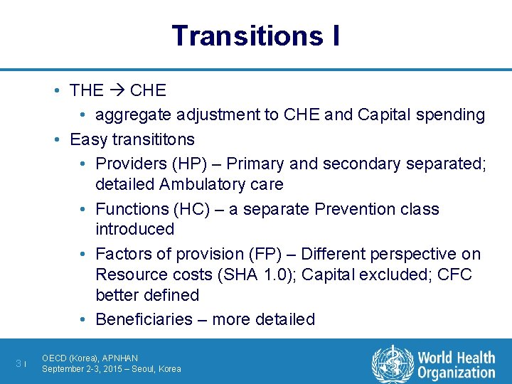 Transitions I • THE CHE • aggregate adjustment to CHE and Capital spending •