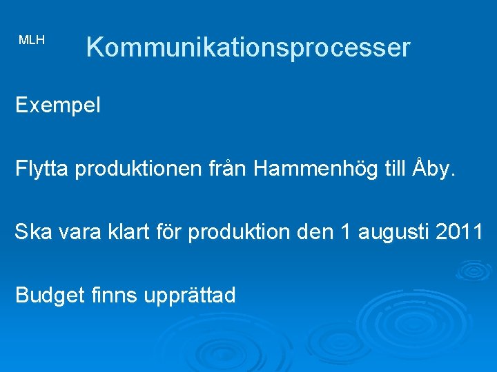 MLH Kommunikationsprocesser Exempel Flytta produktionen från Hammenhög till Åby. Ska vara klart för produktion