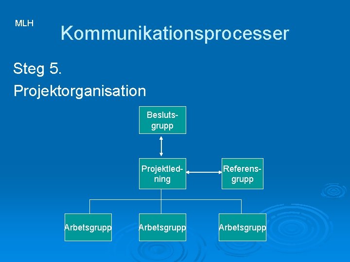 MLH Kommunikationsprocesser Steg 5. Projektorganisation Beslutsgrupp Arbetsgrupp Projektledning Referensgrupp Arbetsgrupp 