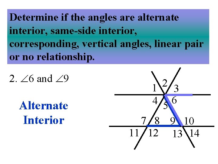 Determine if the angles are alternate interior, same-side interior, corresponding, vertical angles, linear pair